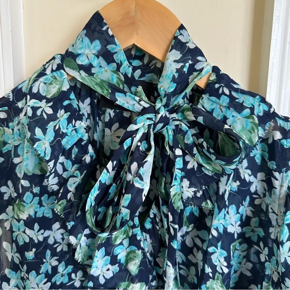 Zimmermann Womens 0 XS/S 100% Silk Floral Print Blouse Tank Ruffle Tie Neck Blue - Picture 4 of 7